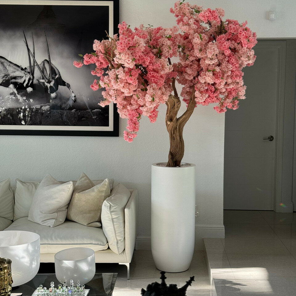 Matte Elfenbein St. Tropez-Vase mit personalisierten rosa Kirschblüten