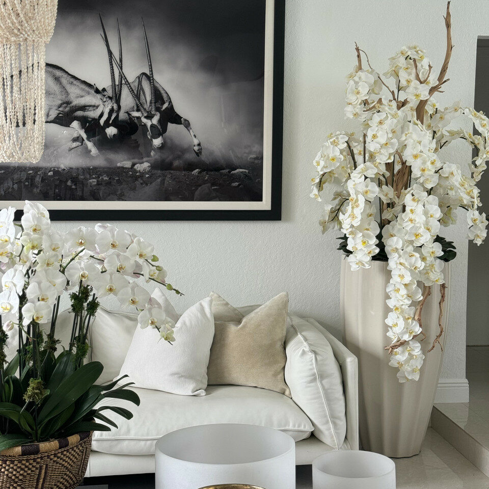 San Jose Vase in sandigem Beige mit Elfenbeinen Orchideen im Wasserfall-Design