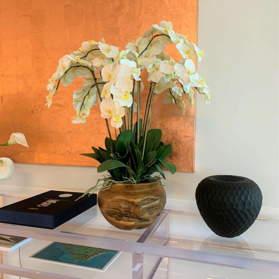 XXL Schale aus Teakholz mit Elfenbeinen Orchideen