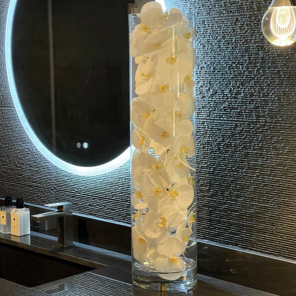 Glaszylinder mit Elfenbeinen Phalaenopsis-Orchideen